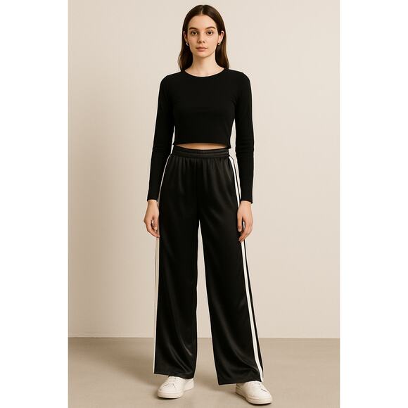 Satin Streetwear Luxe Black Wide Leg Track Pants Emmerson Lang Medium - Picture 1 of 7